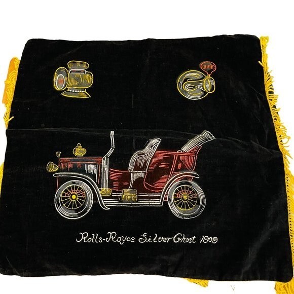 Vintage Velvet Pillow Cover Rolls-Royce Silver Ghost 1909 Gold Fringe - Picture 5 of 5